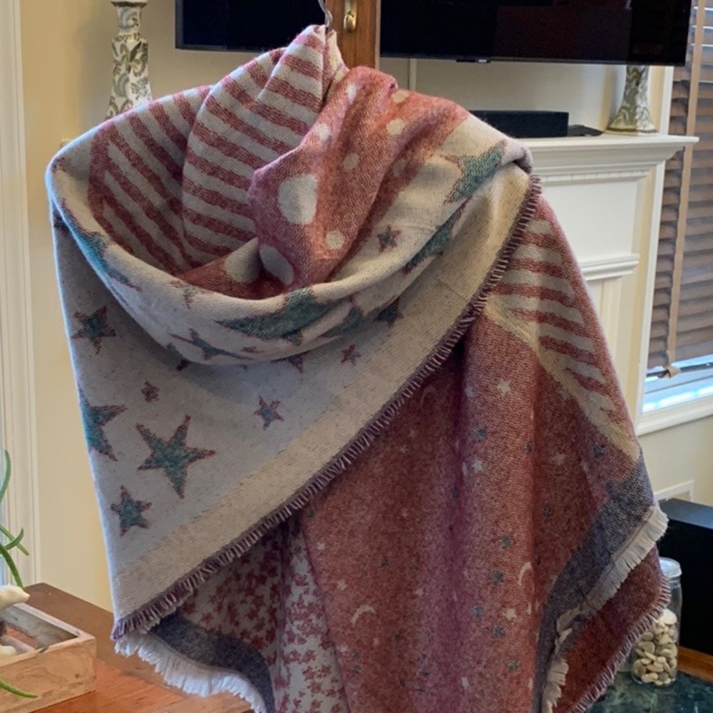 Cozy Blanket Scarf in Muted Jewel Tones, Stars and Stripes Theme | Sz 56” x 58”